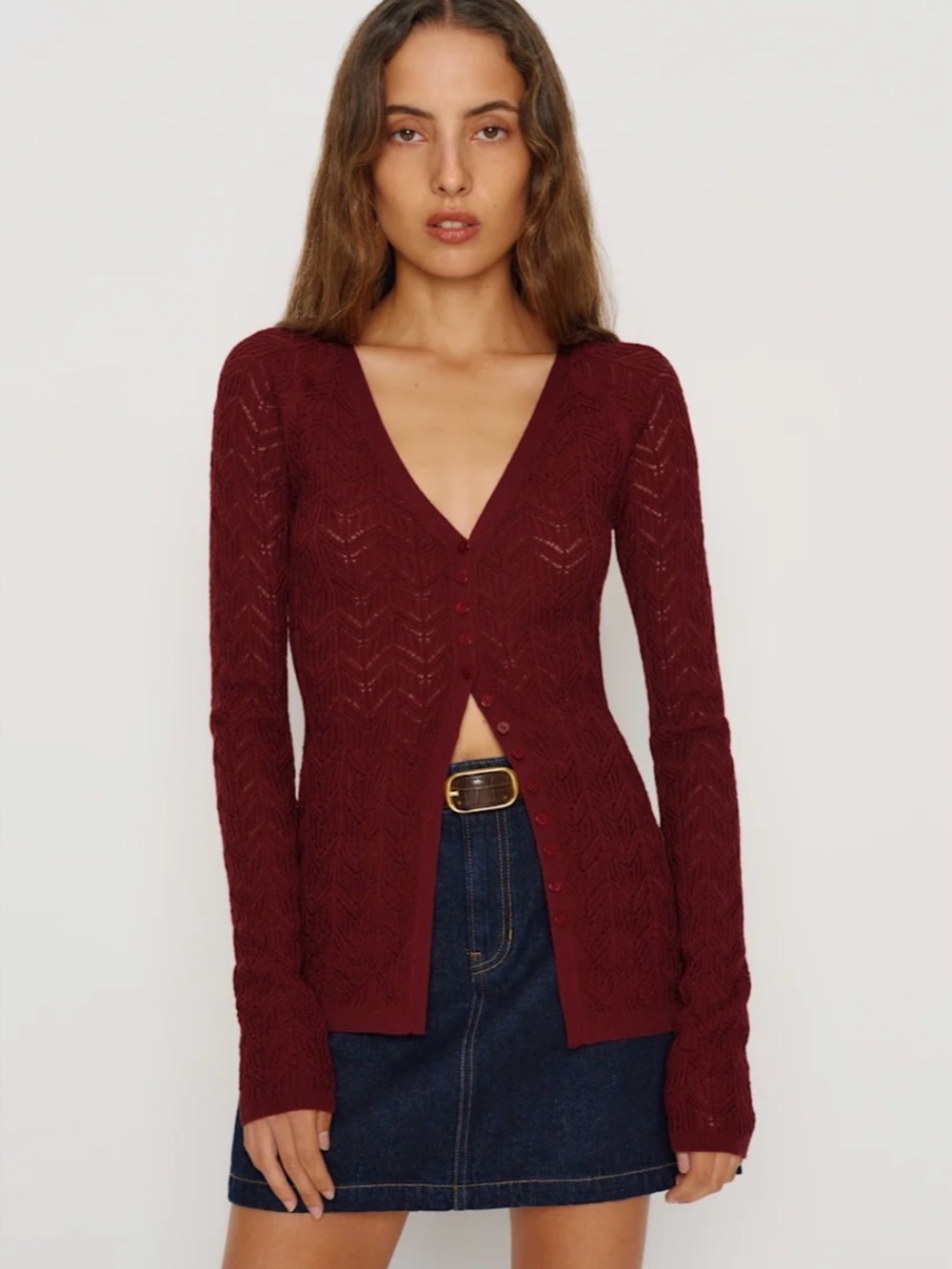 Reformation Sutton Regenerative Merino Open Knit Sweater Red - Size XS